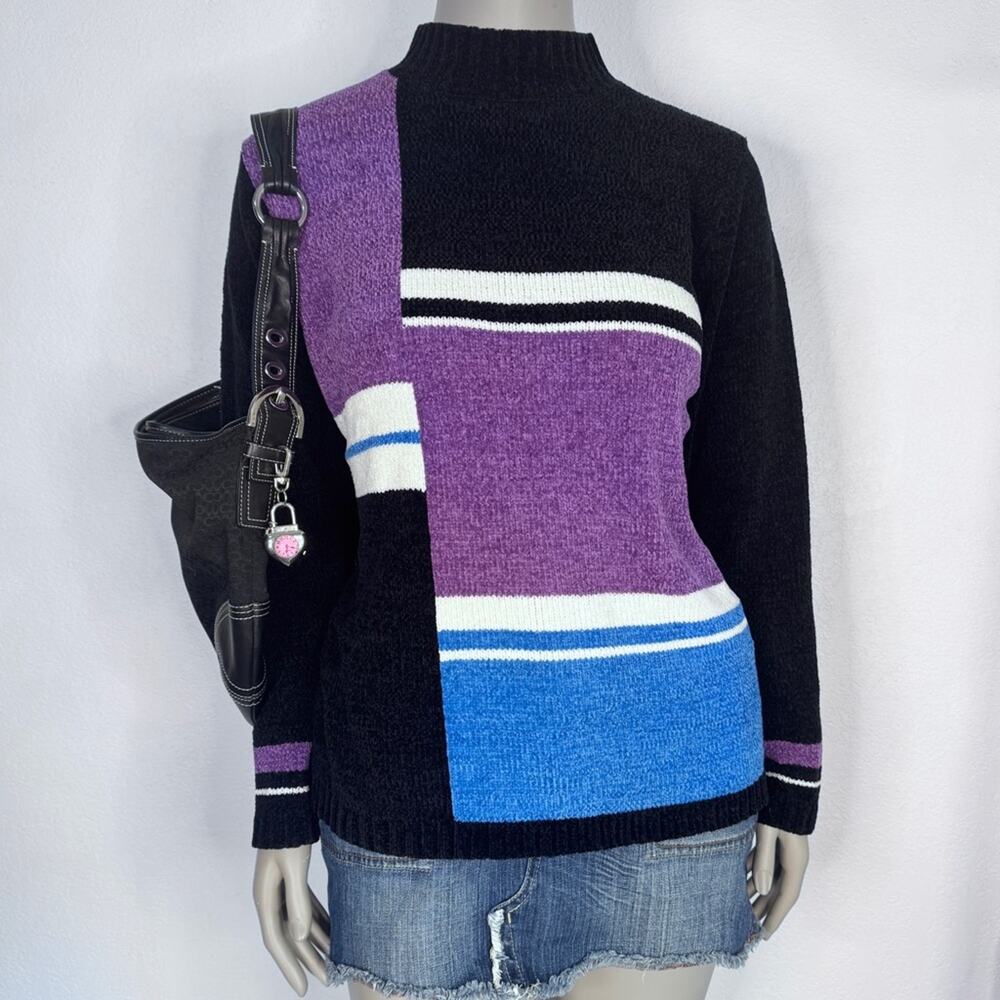 VIT 90s Chenille Color Block Sweater Purple Blue Geometric Knit Large Pop Art